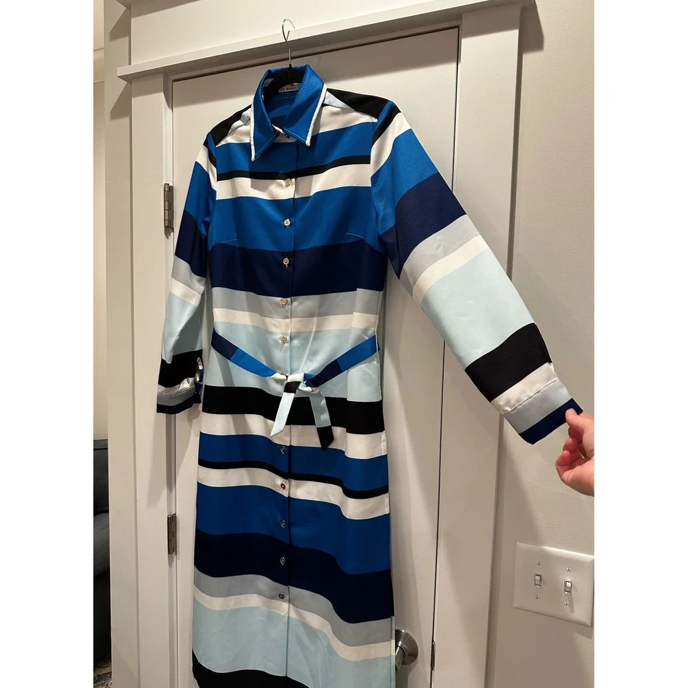 CK Bradley Monteith Caftan Button Down Maxi Dress Lexington Stripe Blue Medium